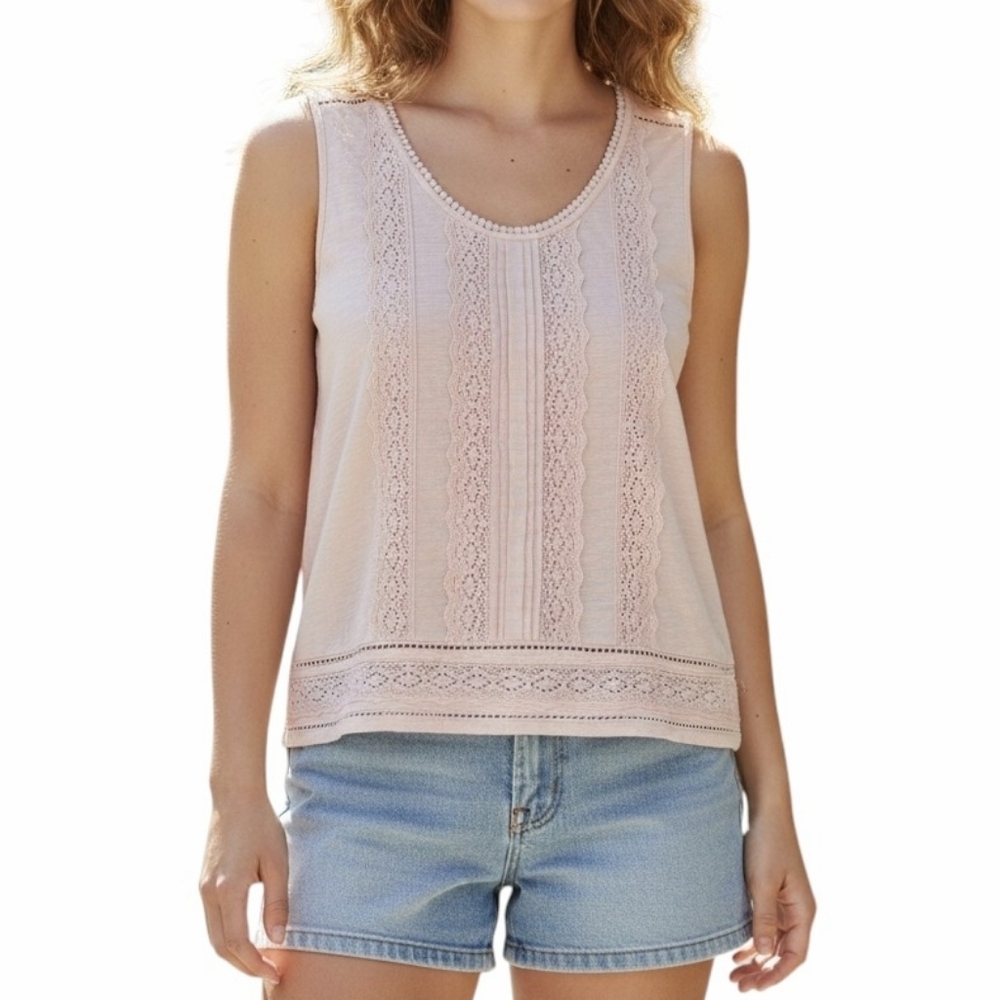 Garnet Hill Lace Tank Women Medium Organic Cotton Boho Prairie Beige